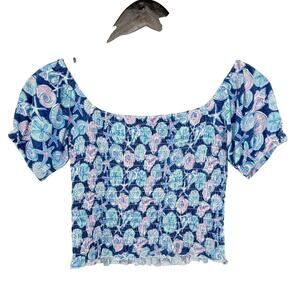 Simply Southern Blue Pink Seashell Smocked Crop Top Puff Sleeve Cottagecore S